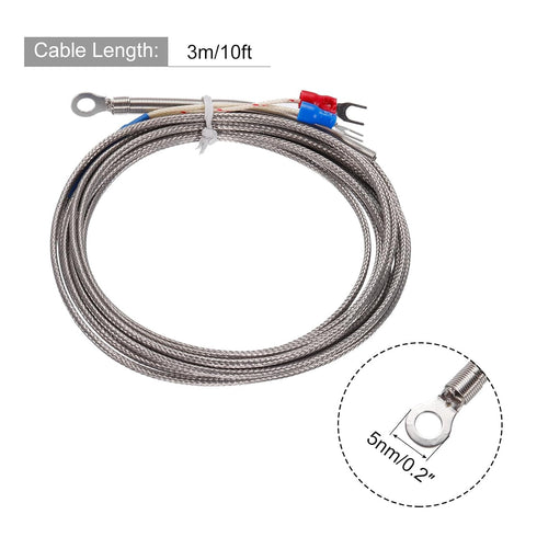 MECCANIXITY K Type Thermocouple Temperature Sensor PT100 5mm Ring High Temperature Probe 10ft Wire 0 to 600°C(32 to 1112°F) Stainless Steel...