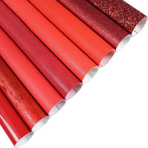 8 Pieces 8x12 Inch Faux Leather Sheets Red Fine Chunky Glitter Metallic Litchi Butterfly Patent Skin Lizard Texture Leather Fabric for Bows Earrin...