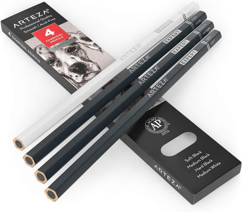 ARTEZA Charcoal Pencil Set, 3 Black Pencils – Soft, Medium, and Hard, and 1 White Pencil – Medium, Art Supplies for Drawing, Sketching & Shading...
