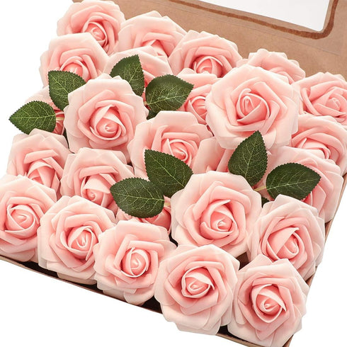 Floroom Artificial Flowers 25pcs Real Looking Blush Heirloom Foam Fake Roses with Stems for DIY Wedding Bouquets Pink Bridal Shower Centerpieces F...