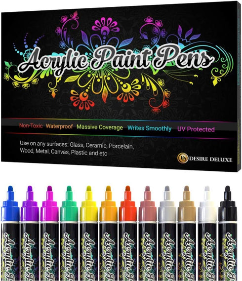Desire Deluxe Acrylic Paint Pens for Rock Painting, Stone, Ceramic, Glass, Wood, Canvas – Set of 12 Non Toxic Water Based Markers - Great Artists ...