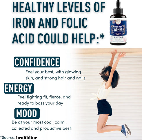 WINDSOR BOTANICALS Liquid Iron Supplements for Anemia - Folic Acid, Vitamin C, Vegan Iron Blood Builder and Anemia Supplement - 2 oz Orange Flavor...