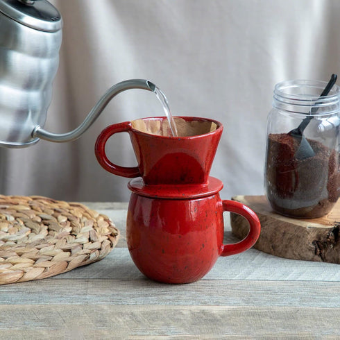 Asayu Japan Ceramic Coffee Pour Over Maker Set in Chrome Red, Slow Brewing Paper Filter Holder and Dripper with 3 Holes for Coffee and Tea (Access...