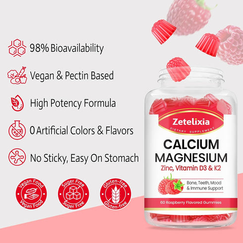 Sugar Free Calcium Gummies for Women Men, Calcium Magnesium Zinc with Vitamin D3 & K2, Calcium Magnesium Supplement for Bones Muscles and Joints, ...