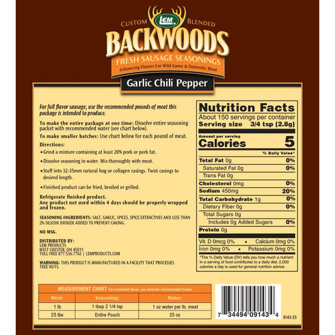 LEM Products Backwoods Garlic Chili Pepper Fresh Sausage Seasoning, Ideal for Wild Game and Domestic Meat, Seasons Up to 25 Pounds of Meat, 15 Oun...