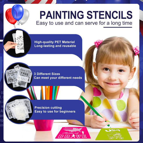 Patriotic Stencils for Painting, 28 PCS 4th of July Reusable Stencil Templates for Cookie Cake Scrapbooking Wood Drawing, American Independence Da...