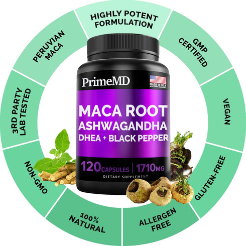 6-in-1 Organic Maca Root & Ashwagandha Capsules 1710mg w/DHEA & Black Pepper Fruit Extract - Maca Root Capsules for Women & Men - Stamina, Bone an...