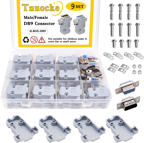 18Pack DB9 Connector Adapter Kit, 9 Pin D-SUB Male/Female Solder Cup Connectors, Tin Plated Housing, Lightweight Gray Plastic Hoods, Individually ...