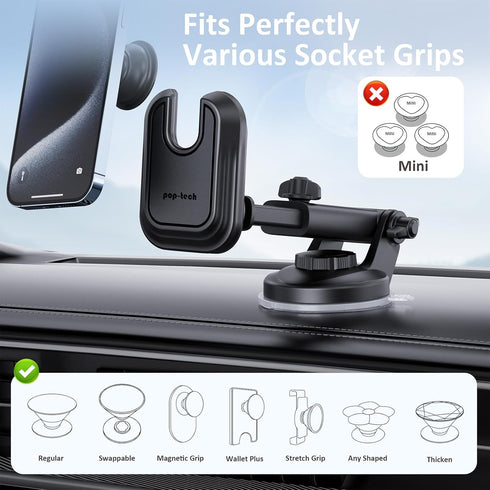 pop-tech Socket Phone Dashboard Mount: Suction Cup Cell Phone Holder fits Dash Windshield Window - Black Universal Car Mount Compatible for iPhone...