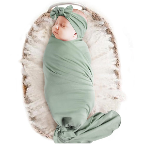 Konssy Baby Girl Newborn Receiving Blanket with Headband Set Baby Swaddle Nursery Swaddle Wrap(Light Green)...