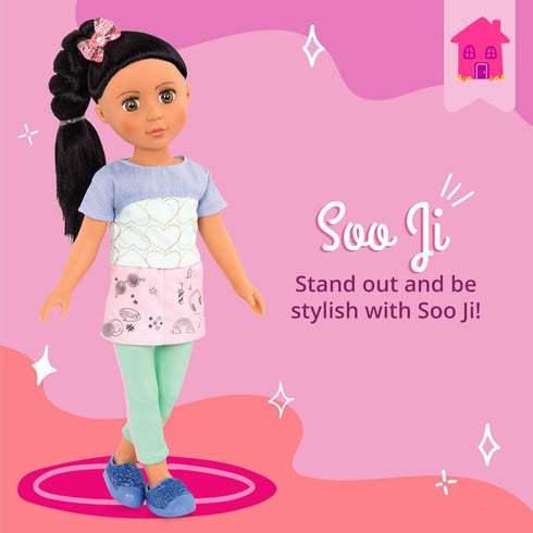 Glitter Girls – Soo Ji 14-inch Poseable Fashion Doll – Black Hair & Hazel Eyes —Hearts Outfit with Blue Glitter Shoes – Toys, Clothes, and Accesso...