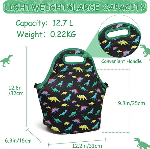 VASCHY Lunch Bag for Children, Neoprene Insulated Lunch Box Bag Tote with Detachable Adjustable Shoulder Strap in Cute Dinosaur...