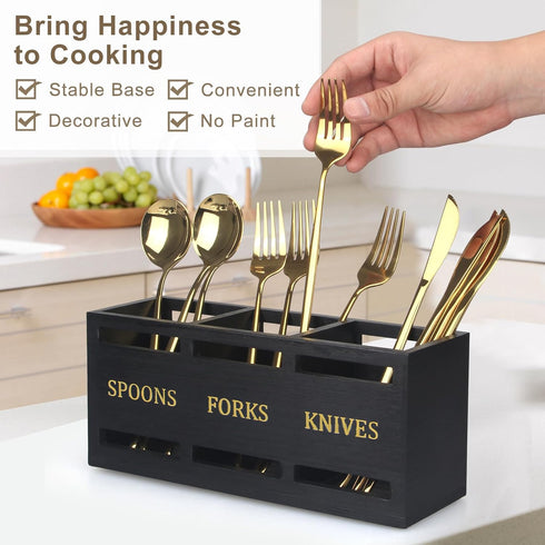 Ayiaren Wooden Cutlery Silverware Holder Flatware Utensil Caddy Black Utensil Holder for Kitchen Counter Wood Silverware Caddy Organizer for Table...