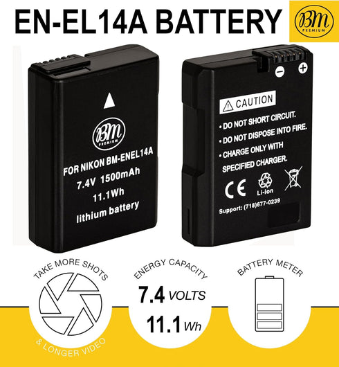BM Premium EN-EL14A Battery for Nikon D3100, D3200, D3300, D3400, D3500, D5100, D5200, D5300, D5500, D5600, DF, Coolpix P7000, P7100, P7700 Digita...