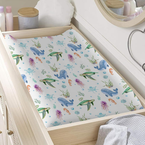 Colorful Sea Animals Changing Pad Cover Turtle Whale Jellyfish Sea Horse Weeds Sealife Diaper Change Table Sheets for Boys Girls Soft Stretch Chan...