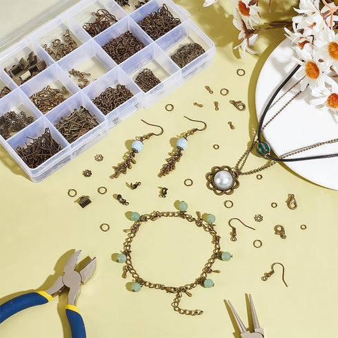 PH PandaHall about 870 Pcs Jewelry Finding Kits with Lobster Claw Clasps, Jump Ring, Ribbon Clamp End, Earring Hook, Flower Bead Cap, Cord End, Ey...