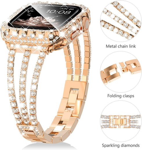Surace Metal Band for Apple Watch Bands 40mm for Women Series 6 5 4, Bling Diamond Rhinestone Link Bracelet with 2 in 1 Waterproof Bling Case Lace...