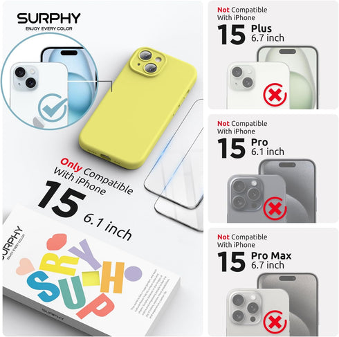 SURPHY Designed for iPhone 15 Case Compatible with MagSafe (6.1 inch 2023), with 2 Pack Screen Protector, Liquid Silicone Phone Case (Camera Prote...