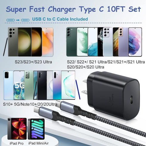 Super Fast Charger Type C Block, Costyle 25W USB C Wall Charger Super Fast Charging Block with 10FT Long USB C Cable for Samsung Galaxy S24 S24Ult...