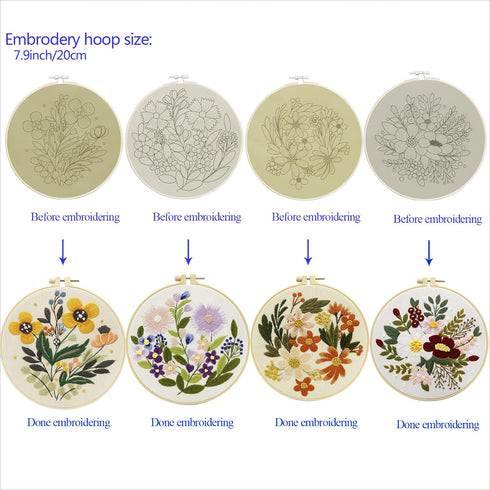 Bonroy 4 Sets Embroidery Kit for Beginners Art Craft Handy Sewing Include Embroidery Clothes with Pattern, Hoops, Instructions,Color Threads Needl...