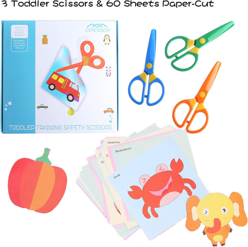 Plastic Safety Scissors, Toddlers Training Scissors, Pre-school Training Scissors and Offices Scissors Kids Paper-Cut (3pcs &Paper Cutting)...