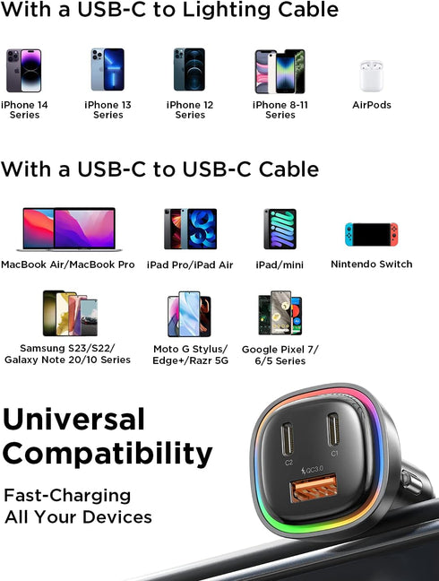 LISEN 66W C Type Car Charger, PD 36W+QC 30W Car Cigarette Lighter USB C Charger All Metal 3-Port Super Fast USB C Car Adapter Fit for iPhone 15 14...