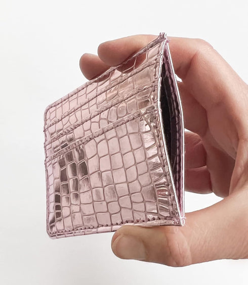 Super Shiny Slim Credit Card Holder Mini Front Pocket Wallet in Mirror Metallic Faux Crocodile pattern (Metalic Pink)...