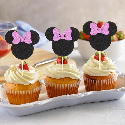 Mouse Cupcake Toppers Black and Pink Mouse Inspired Cupcake Toppers with Bow Glitter Mouse Cupcake Picks Baby Shower Wedding Kids Birthday Party C...