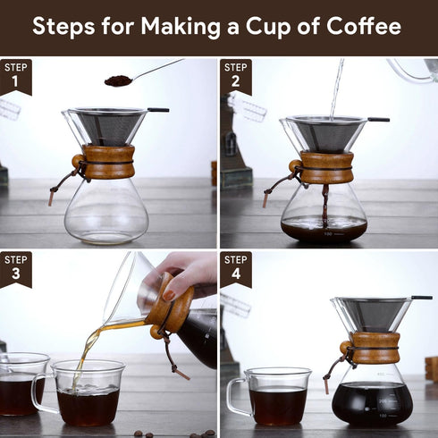 Tissting Wood Neck Pour Over Coffee Maker,400ml Sleeve Coffee Brewer with Permanent Stainless Steel Filter,Glass Coffee Pot for Home Cafe Party...