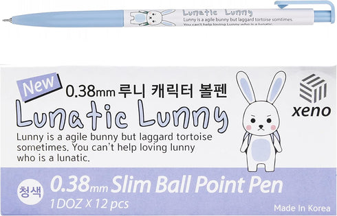 Xeno Lunatic Lunny 0.38mm Slim Ball Point Pen Dozen Box 12 Pcs, Made in Korea (Blue 12pcs)...
