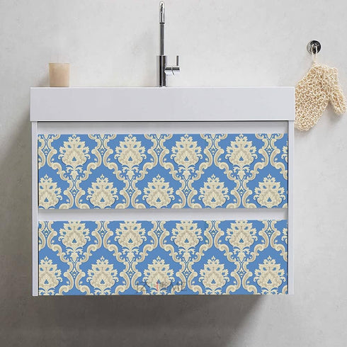 039 Peel and Stick Damask Wallpaper 17.7in×9.8ft Blue/Beige Removable Contact Paper Self Adhesive Vinyl Film for Drawer Furniture Renovation and H...