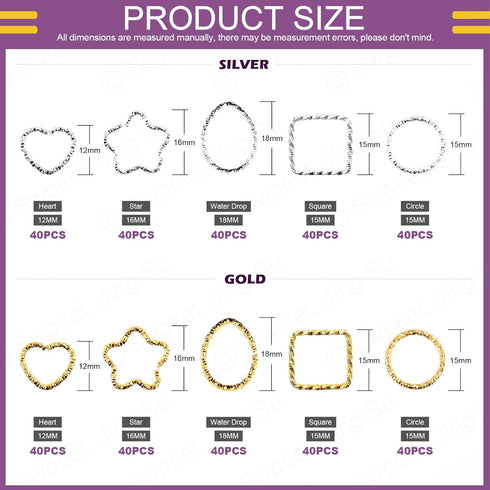 Swpeet 400Pcs Gold and Sliver 12mm 15mm 16mm 18mm 5 Styles Open Jump Rings Assortment Kit, Plum Bossom/Water Droplets/Heart/SquareIron O Rings Con...