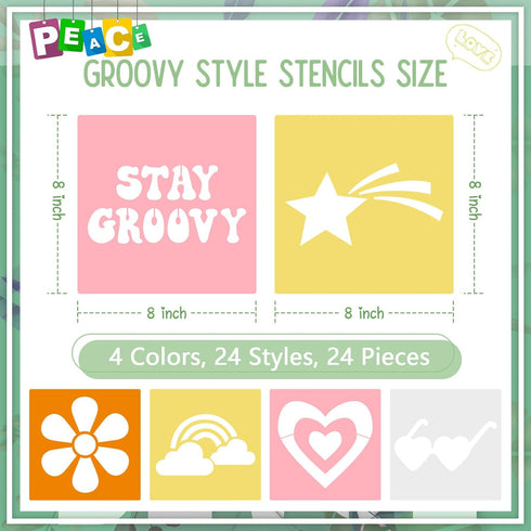 Henoyso 24 Pcs Boho Groovy Peace Stencil Set 8 x 8 Inch Plastic Drawing Painting Stencil Templates Stencil Assorted Stencils Reusable for Kids Pai...