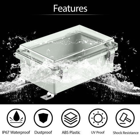 LeMotech Electrical Box, IP67 Waterproof Hinged Clear Cover Stainless Steel Latch Junction box, ABS Plastic Electrical Enclosure with Mounting Pla...