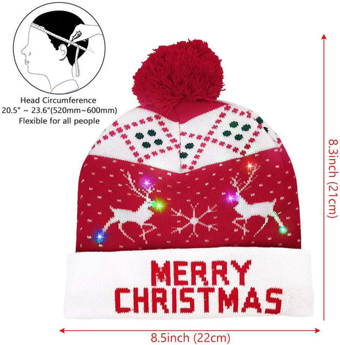 OurWarm LED Christmas Hat Light Up Holiday Hat Cute Reindeer Snowflakes Red Knitted Hat Christmas Beanie with 6 Colorful Lights for Kids Adults Fa...