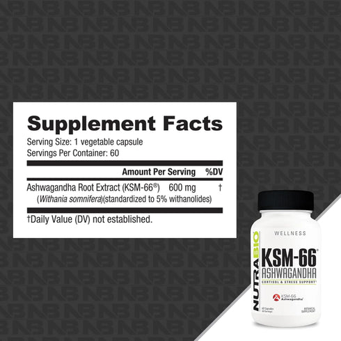 NutraBio Ashwagandha KSM-66 Herbal Supplement for Better Overall Well being, 600mg - 60 Vegetable Capsules...