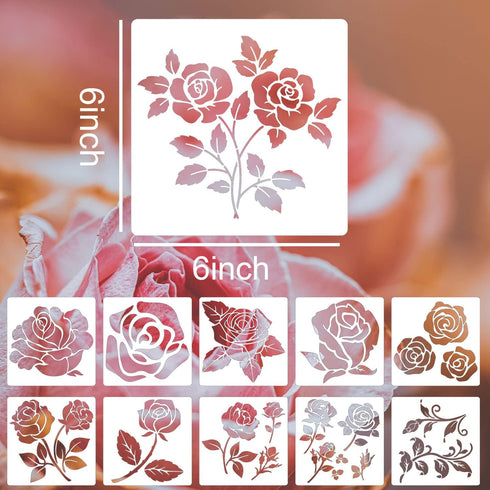 Rose Flower Stencils 6inch Reusable Rose Stencils for Painting on Wood Canvas Wall Furniture Floral Stencil Border Flowers Templates for Crafts De...