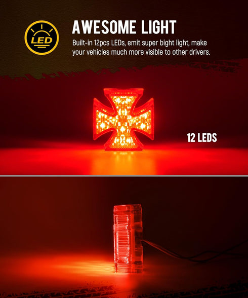 Partsam 5Pcs 2 inch Cross Red 12 LED Side Marker Clearance Lights IP67 Waterproof for 12V-24V Trailer Truck RV Camper, Surface Mount...