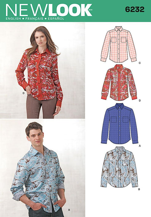 Simplicity Creative Patterns New Look 6232 Misses' and Men's Button Down Shirt, A (8-18/X-Small-X-Large)...
