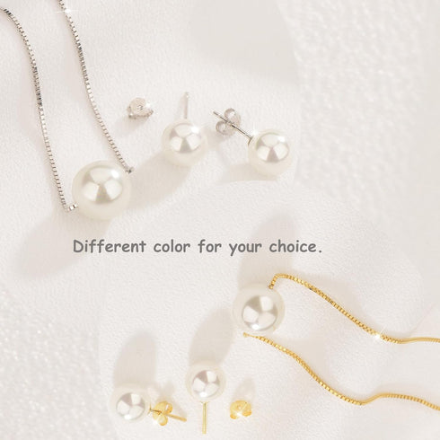 Single Pearl Necklace Earrings Set Silver Gold/Rhodium Plated, Classic Silver Jewelry Set Gifts for Wedding/Birthday...