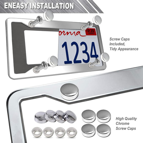 Aootf Stainless Steel License Plate Frames- Heavy Duty Polish Mirror Silver Car Tag Cover with Chrome Screw Caps, 4 Hole 2 Pack Front & Rear Holde...