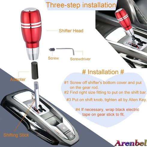 Arenbel 4" Automatic Push Button Gear Shift Knob Polished Aluminum Car Lever Stick Shifter Handle Fit Most Auto Transmission Vehicles, Red...