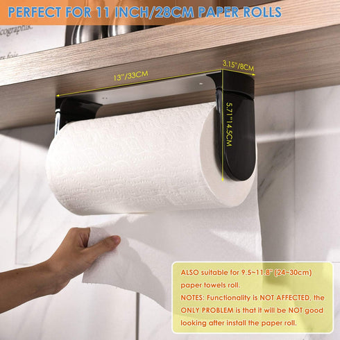 simpletome ONE HAND TEAR Paper Towel Holder Under Cabinet Adhesive or Drilling Installation Aluminum Alloy + ABS (Black)...