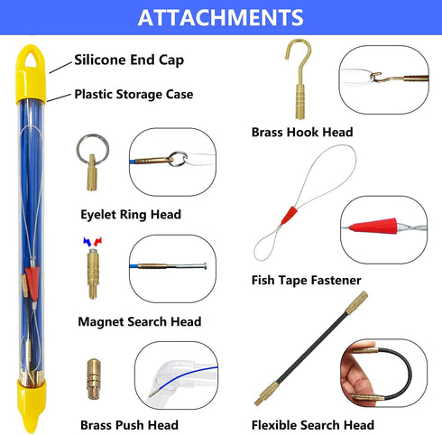 11ft Multi-function Fiberglass Duct Rodder Wire and Cable Pulling Kit Electrical Fish Tape Cable Puller Cable Rods With Hook And Hole In Tube Blue...