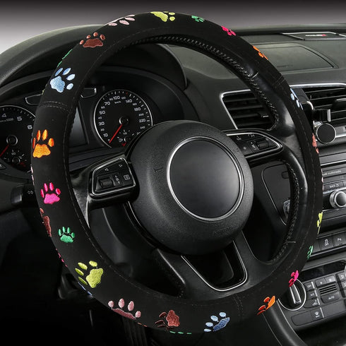 Steering Wheel Cover Embroidery Cute,Pet Paws Stitched,Hand Grip&Breathable,Universal 15 Inch,Suit for Cars,SUV,Black (SWC-Paws)...