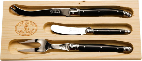 Jean Dubost Laguiole 3-Piece Cheese Knife Set, Black Handles - Rust-Resistant Stainless Steel - Includes Wooden Tray - Made in France...