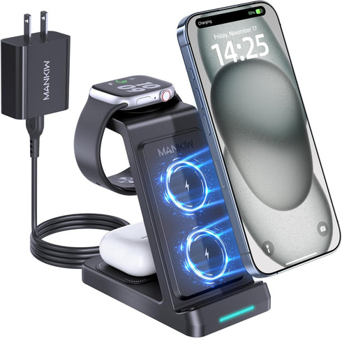 3 in 1 Charging Station for iPhone, Wireless Charger for iPhone 15/14/13/12/11 X Pro Max & Apple Watch - Wireless Charging Station for AirPods Pro...