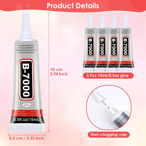 5 PCS 15 ML B7000 Fabric Super Glue, Transparent B-7000 Glue Rhinestone Gems Glue Flexible Adhesive for Crafts Jewelry Making Phone Repair Nail Ar...