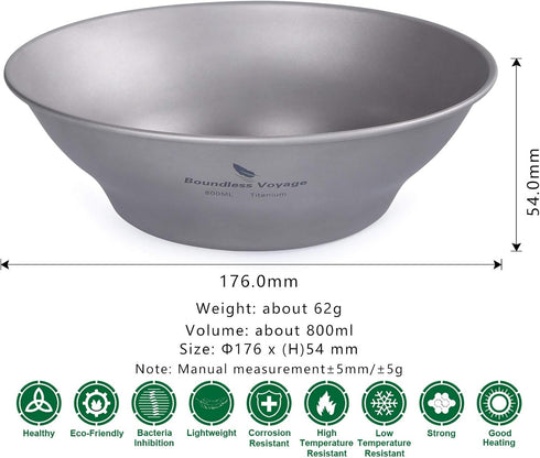 Boundless Voyage Ultralight Titanium Bowl Pan Plate Dish with Carry Bag Outdoor Camping Portable Tableware Cookware (Ti15165B (800ml Bowl))...