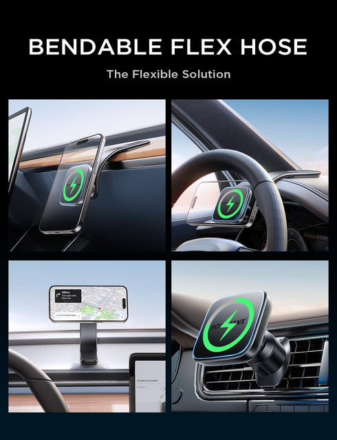 for Magsafe Car Mount Charger,15W Wireless Car Charger Phone Mount for iPhone 15 14 13 12 Pro Plus Max,Bendable Memory Titanium Alloy&Steel Hook C...